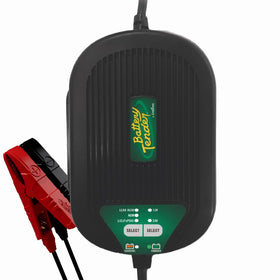 Battery Tender front view showing compact charger and mounting points for secure installation
