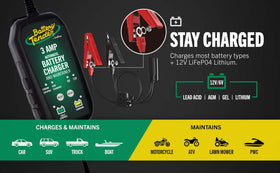 Battery Tender in garage lifestyle scene protecting stored vehicle battery long-term