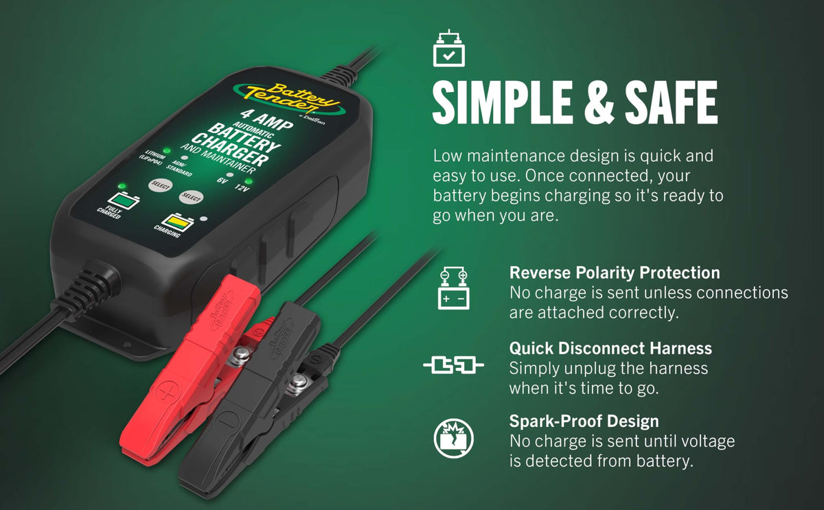 Battery Tender connected to a car battery in engine bay, demonstrating safe in-vehicle use