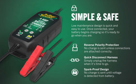 Battery Tender connected to a car battery in engine bay, demonstrating safe in-vehicle use