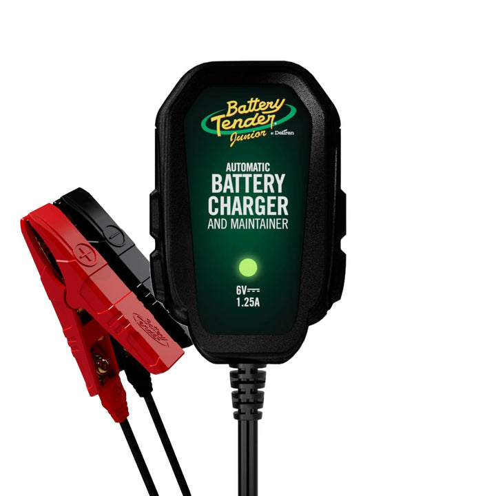 Battery Tender Junior front view showing compact charger protecting batteries