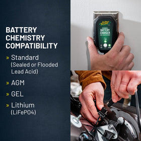 Battery Tender connected with ring terminals for permanent workshop installation