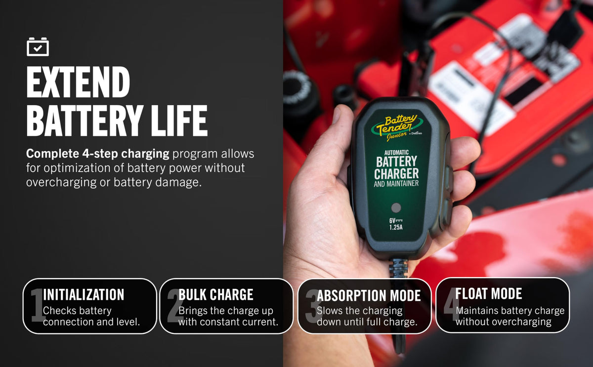 Battery Tender Junior LED indicator close-up showing charger status at a glance