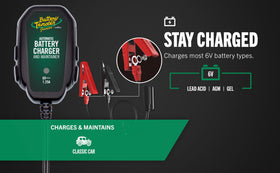 Battery Tender Junior beside a ruler showing compact size and easy portability