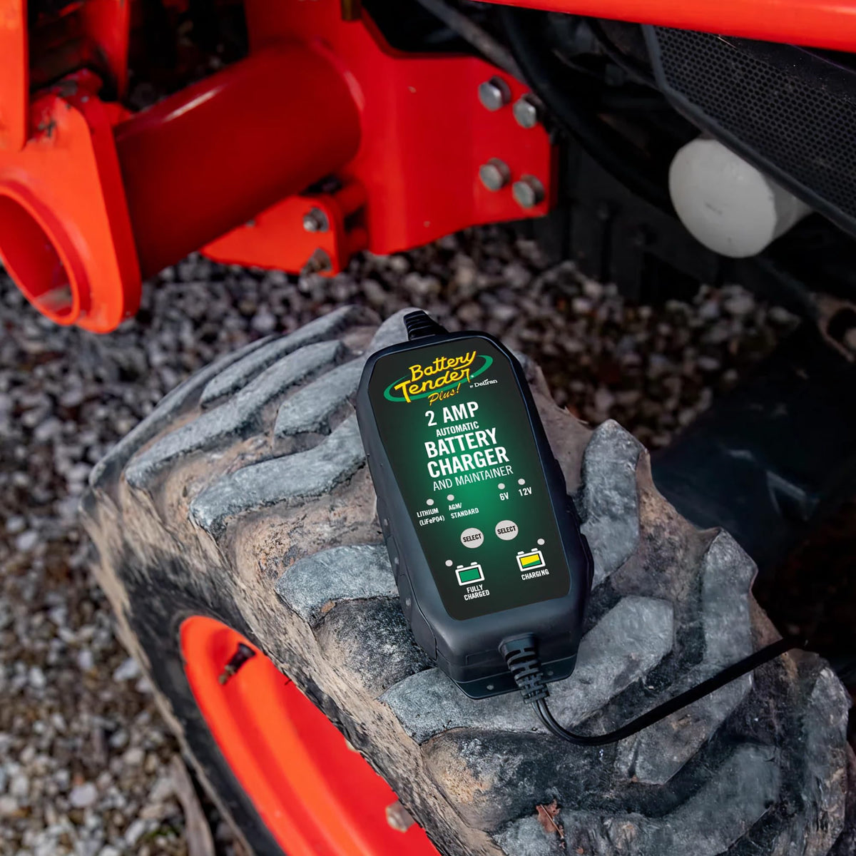 Battery Tender LED indicator closeup showing charge status clearly