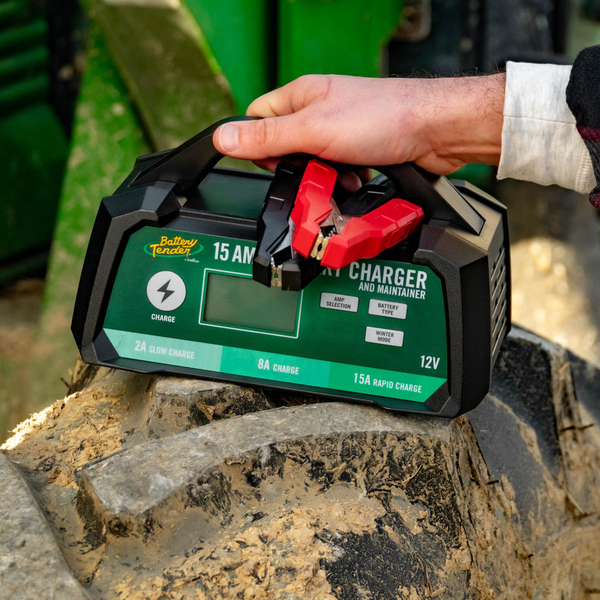 Battery Tender in garage lifestyle setting showing dependable maintenance-ready charging