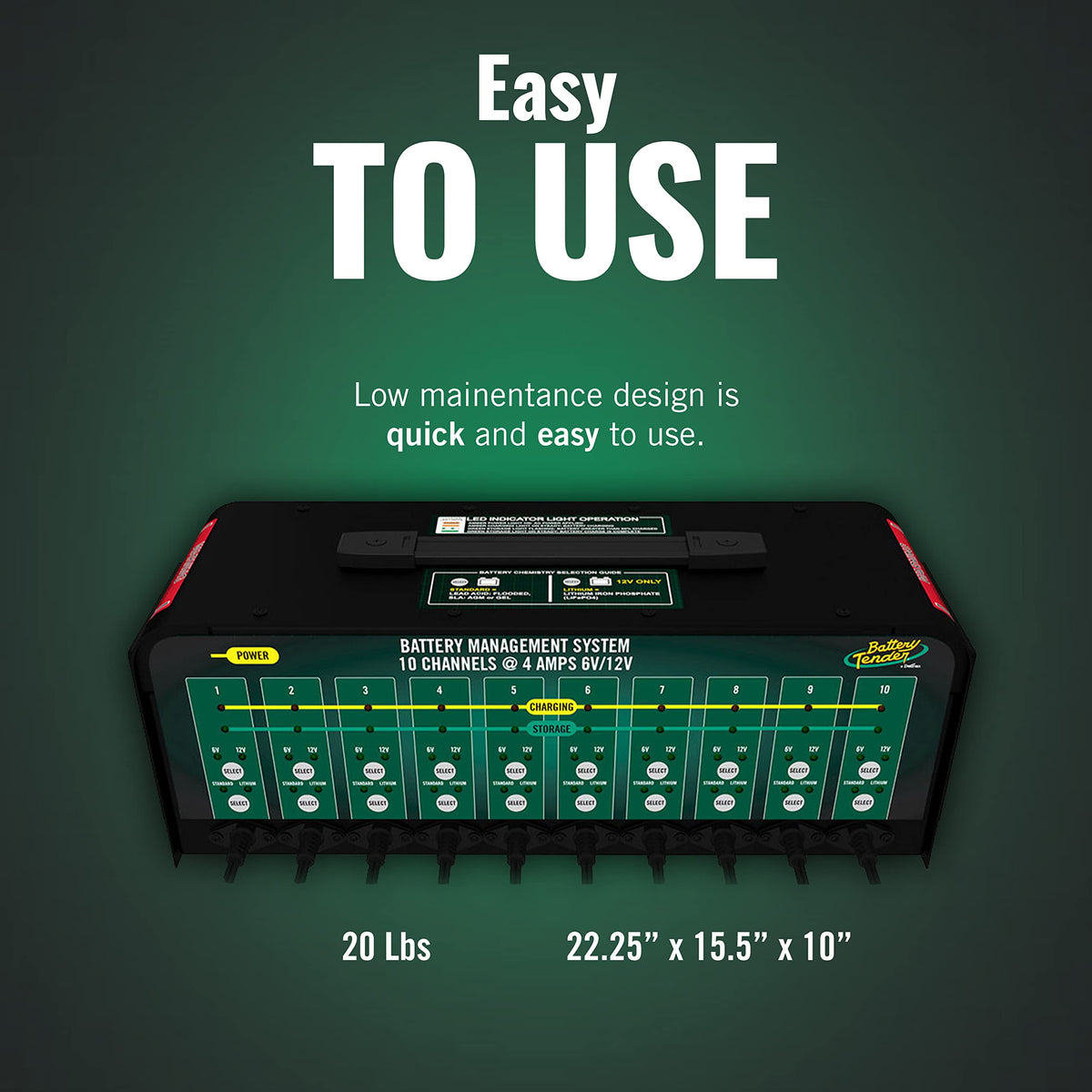 Battery Tender mounted in garage demonstrating space-saving organization and accessibility