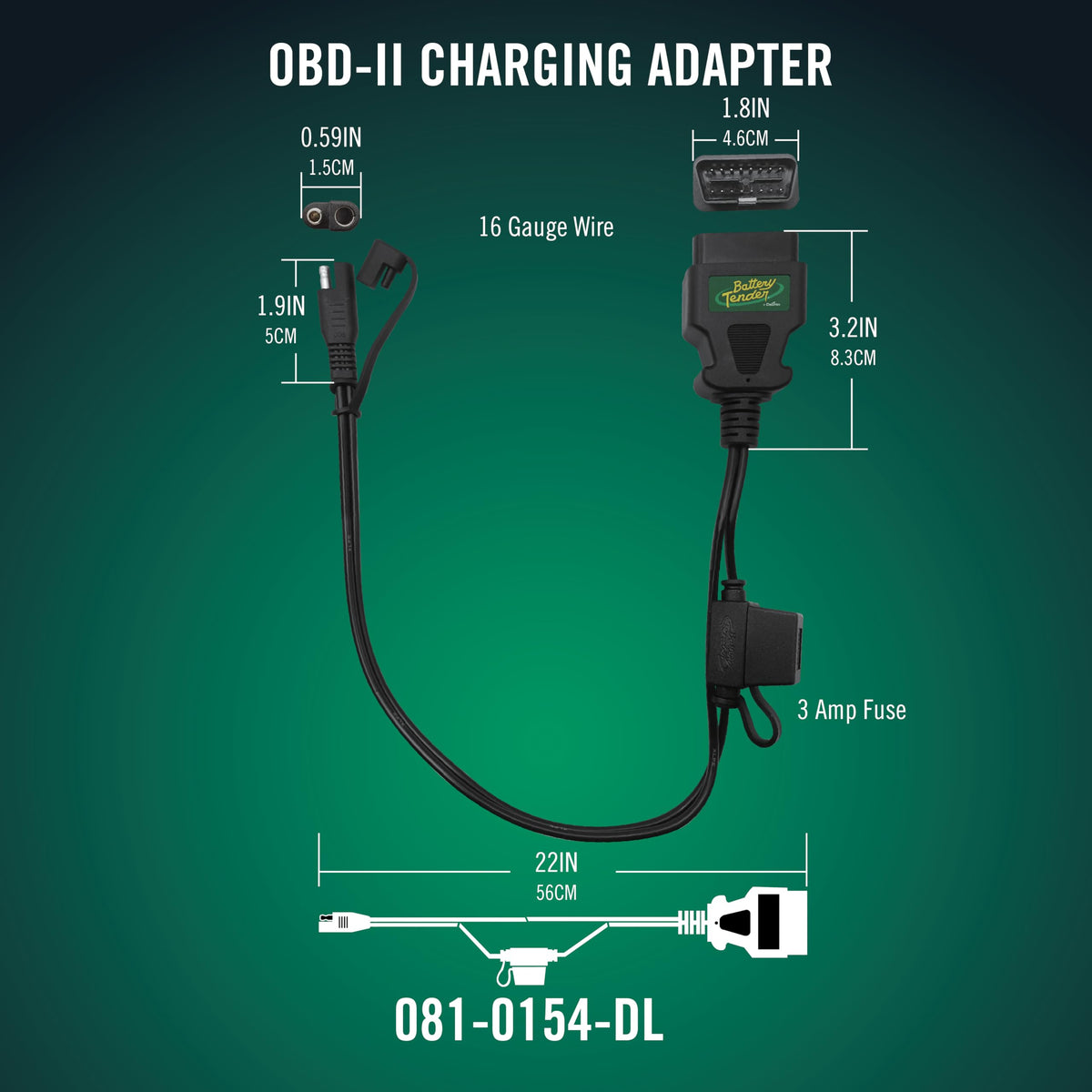 Battery Tender 22-inch cable extended to show length and flexible routing benefit