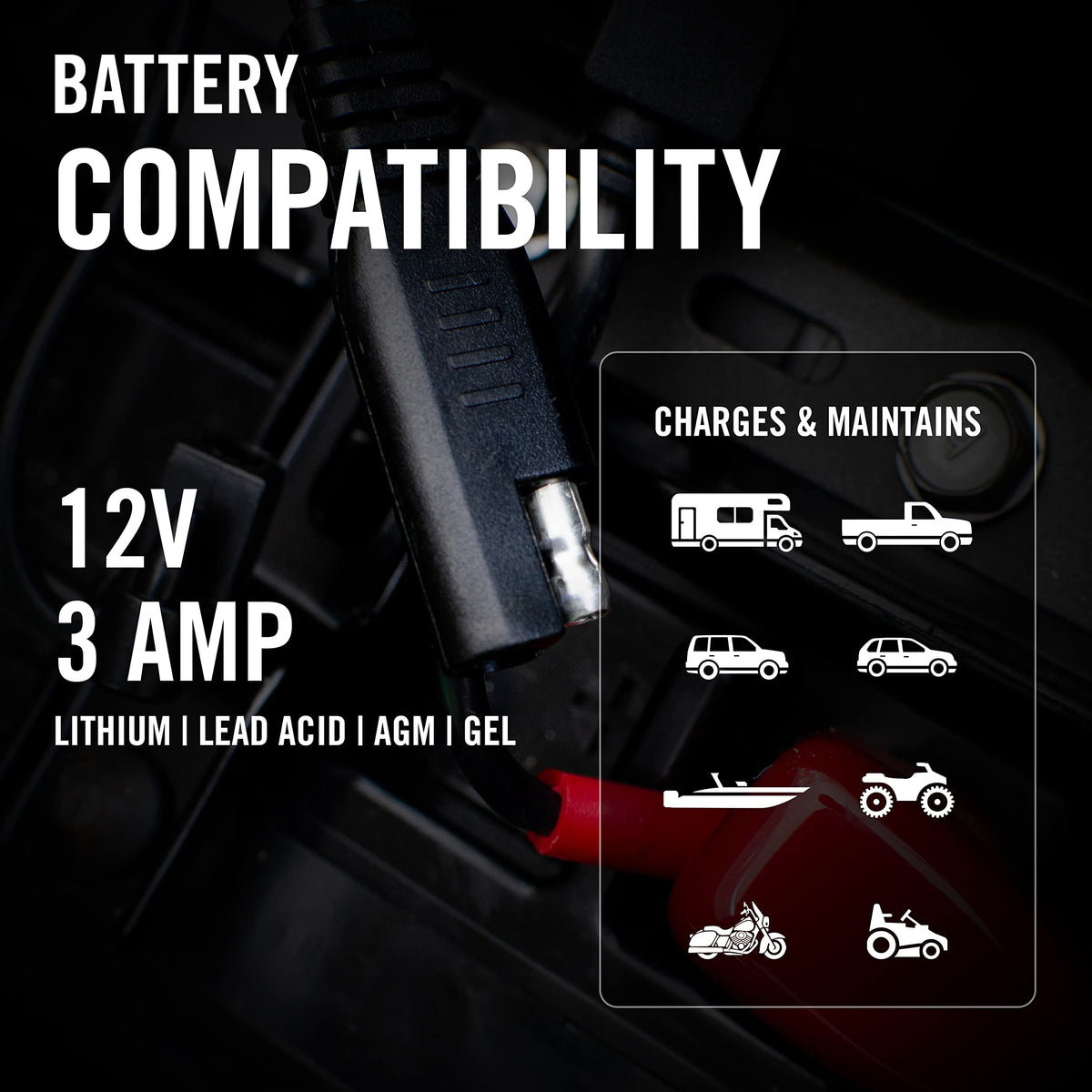 Battery Tender adapter installed near steering column offering tidy, out-of-the-way storage