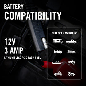Battery Tender adapter installed near steering column offering tidy, out-of-the-way storage