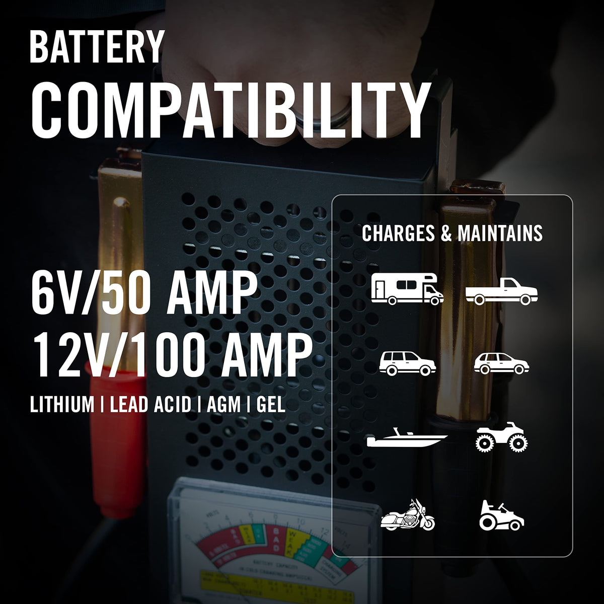 Battery Tender connected to a boat battery helping fast marine battery diagnosis