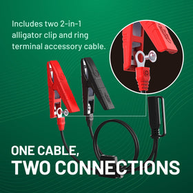 Battery Tender packaging box with manual, showing included cables and two-year warranty