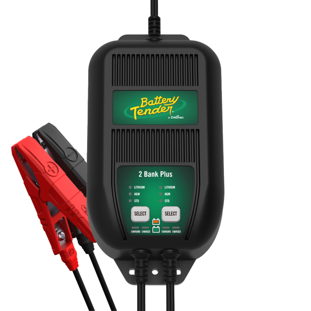 Battery Tender front view showing dual-bank outputs and compact housing for easy maintenance