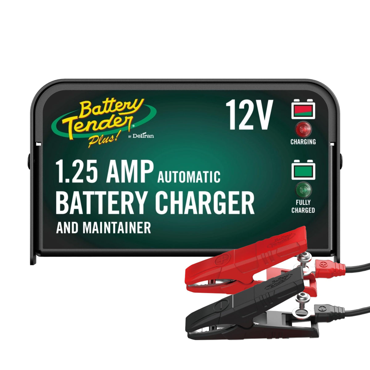 Battery Tender front view showing compact charger and tidy housing benefit easy storage