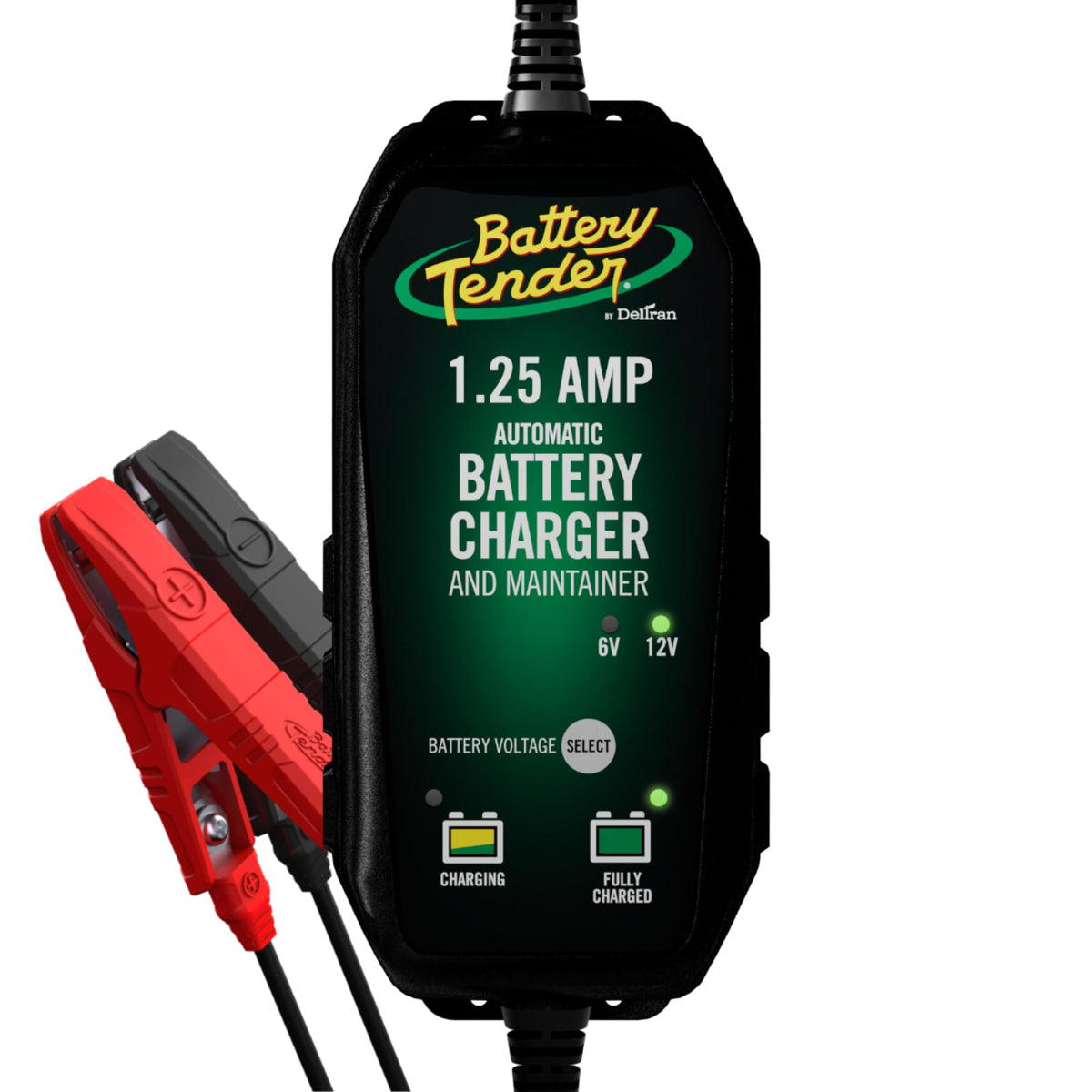 Battery Tender front view showing compact charger housing and ports for easy storage benefit