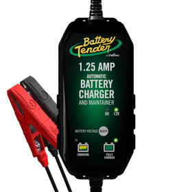 Battery Tender front view showing compact charger housing and ports for easy storage benefit