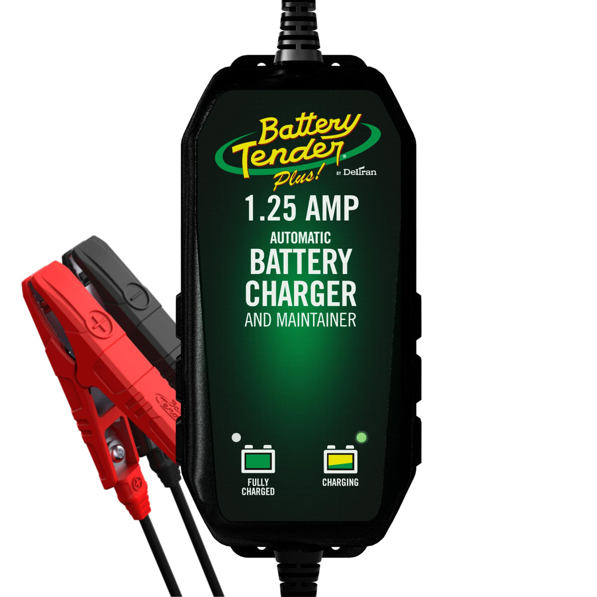 Battery Tender front view showing compact charger and logo, reliable storage protection