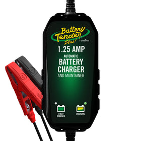 Battery Tender front view showing compact charger and logo, reliable storage protection
