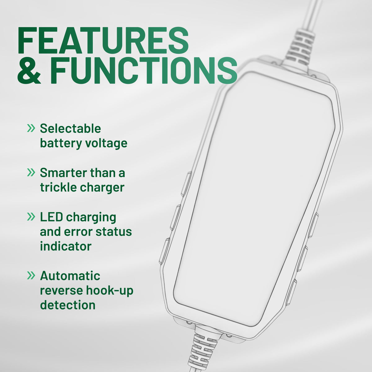 Battery Tender LED status lights illuminated to communicate charging stages benefit