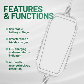 Battery Tender LED status lights illuminated to communicate charging stages benefit