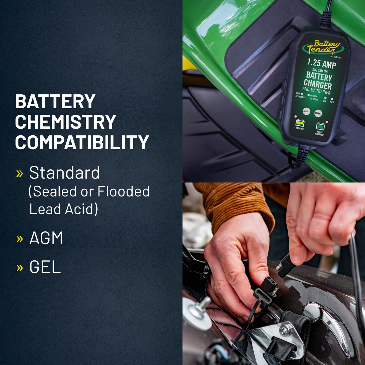 Battery Tender beside a smartphone for scale showing its compact footprint benefit