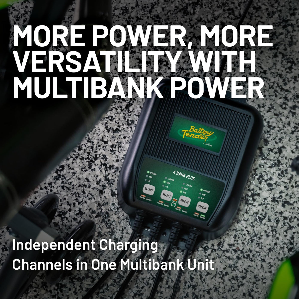 Battery Tender labeled ports and cords showing organized hookup and easy identification