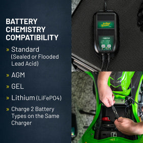 Battery Tender charging two batteries in shed, maintaining battery health and readiness