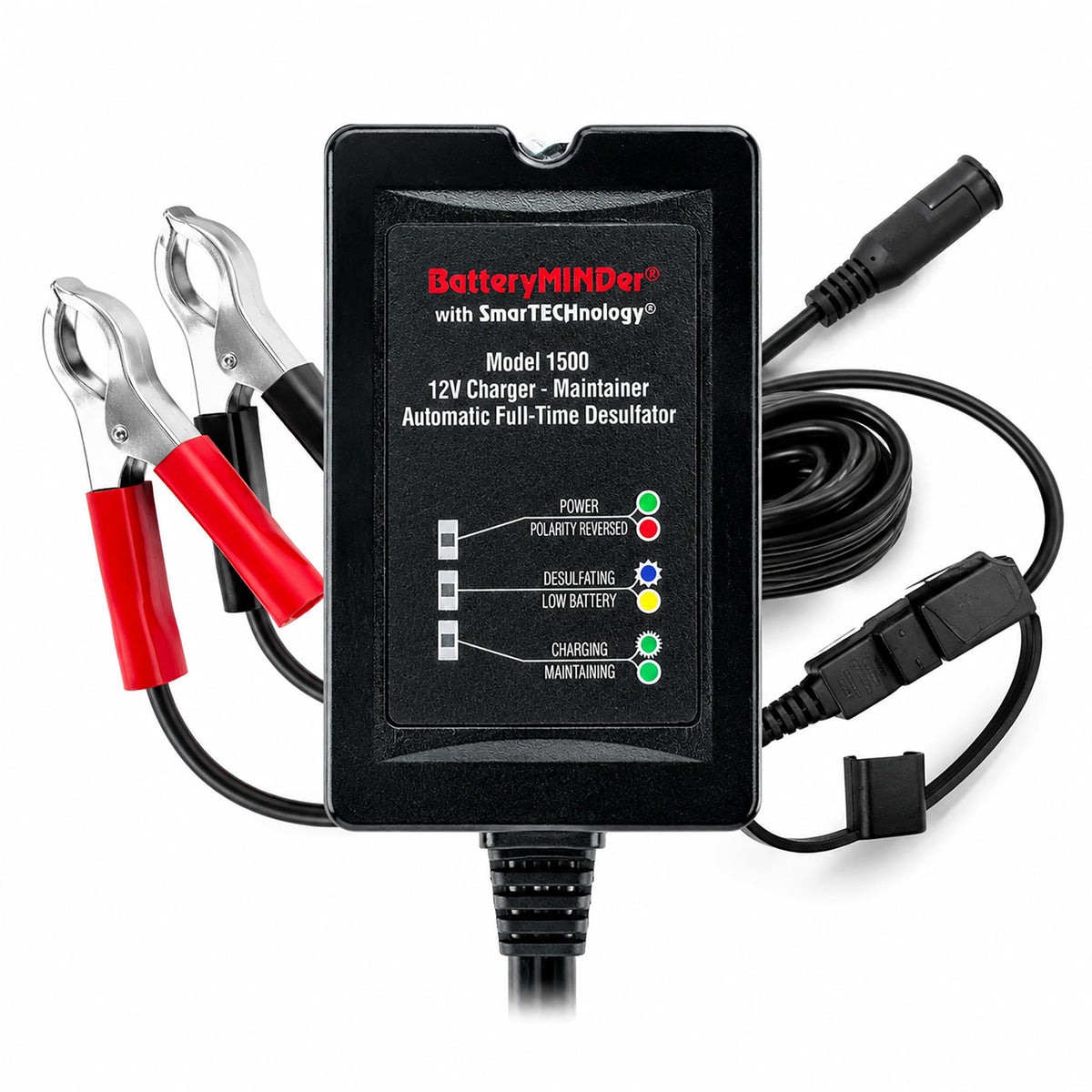 BatteryMINDer 1500 front panel view showing indicators and compact housing for easy maintenance