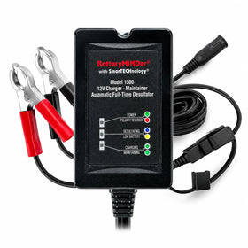 BatteryMINDer 1500 front panel view showing indicators and compact housing for easy maintenance
