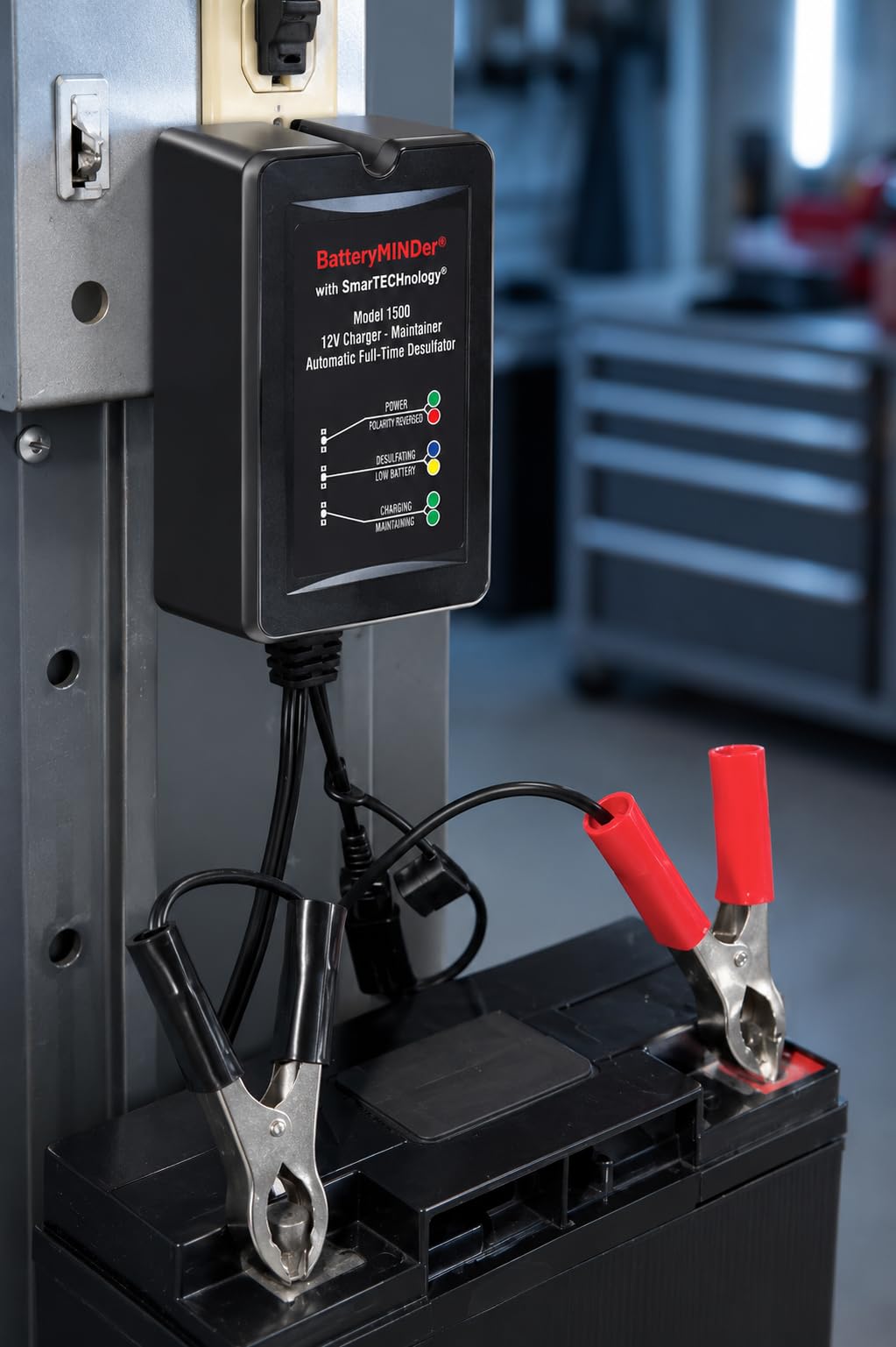 BatteryMINDer 1500 in use on a car battery demonstrating maintenance during long storage
