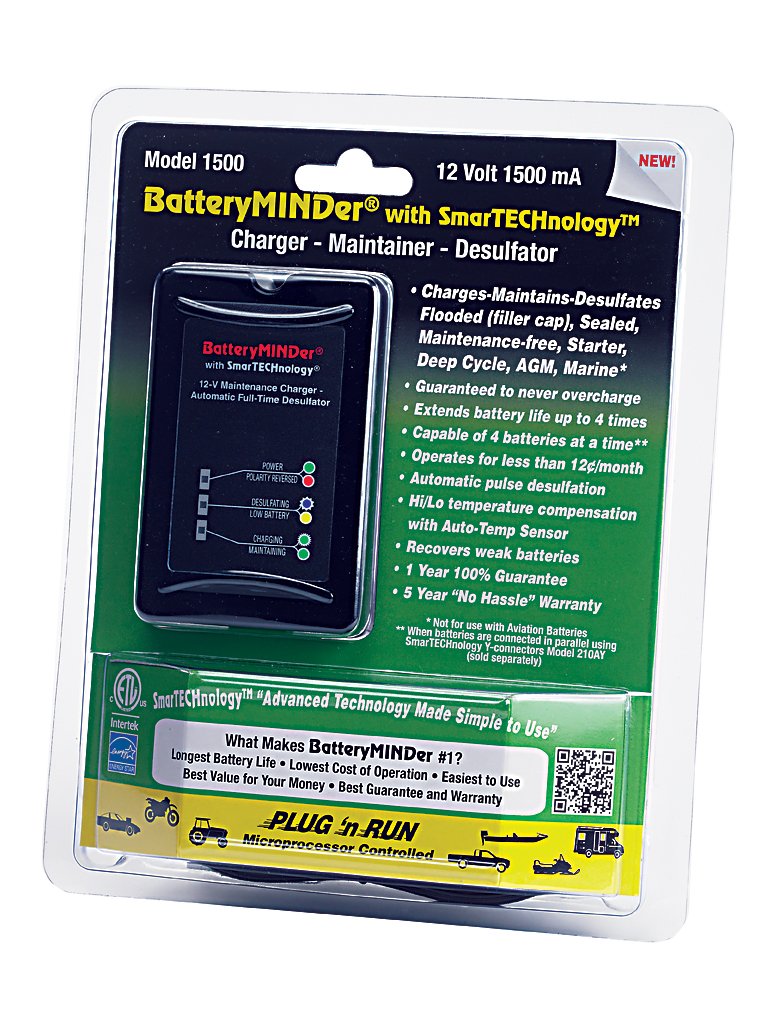 BatteryMINDer 1500 size comparison with hand to show compact, portable maintainer benefits