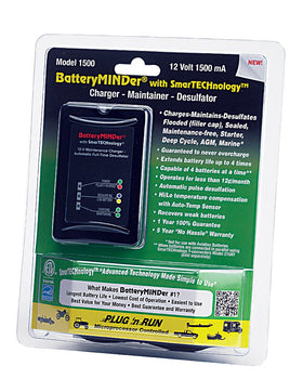 BatteryMINDer 1500 size comparison with hand to show compact, portable maintainer benefits