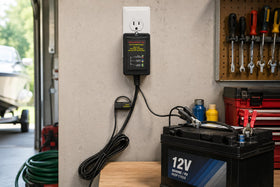 BatteryMINDer attached to motorcycle battery demonstrating safe maintenance