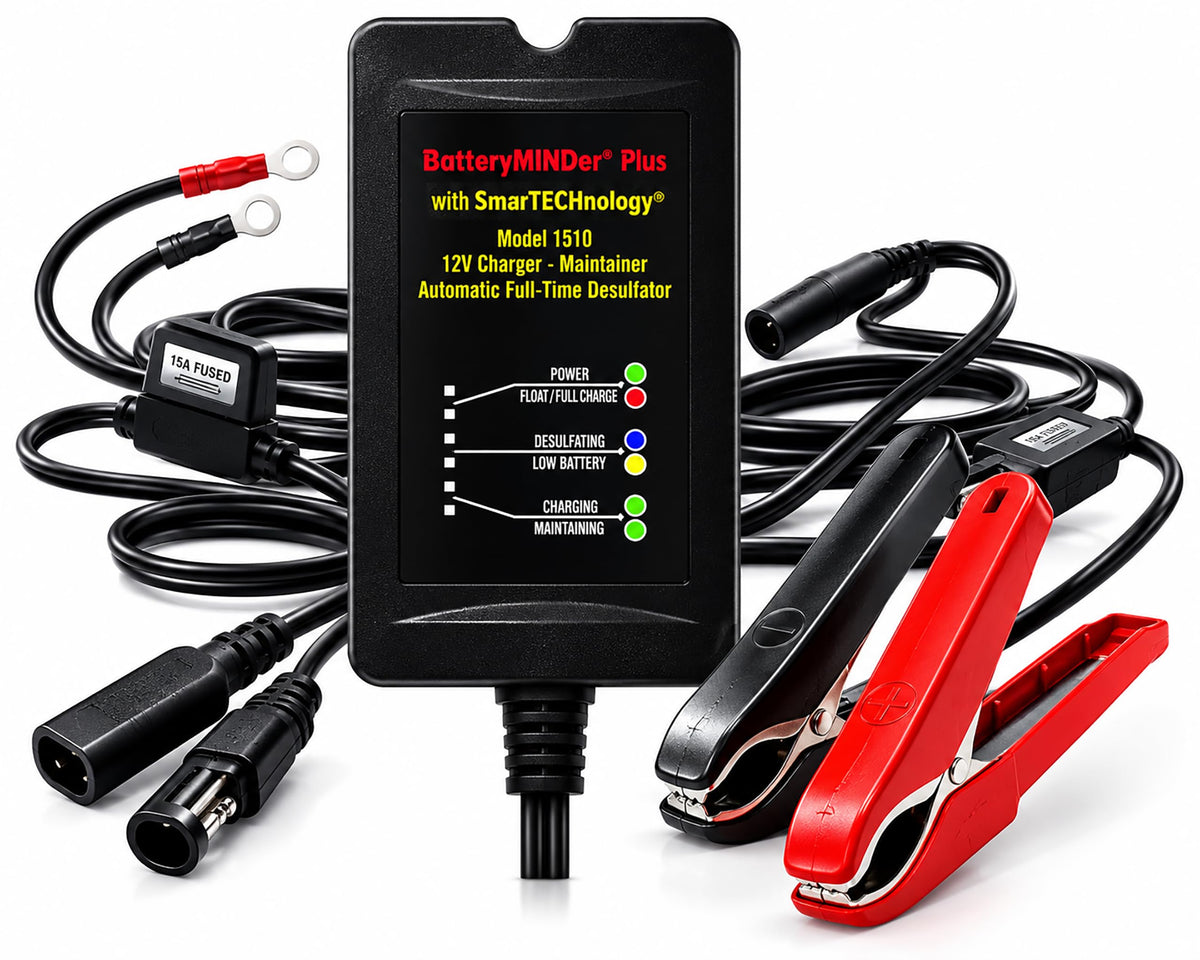 BatteryMINDer front panel showing LEDs and controls for clear status monitoring