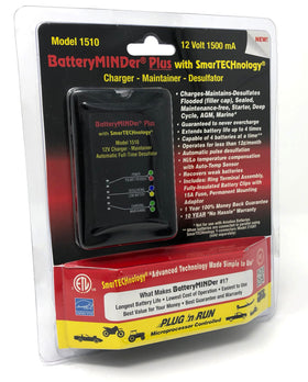 BatteryMINDer next to a 12V battery showing compact size and space-saving benefit