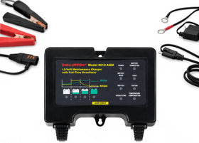 BatteryMINDer 2012-AGM front view showing controls and branding, easy-to-read and compact
