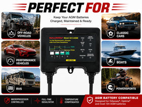 BatteryMINDer 2012-AGM connected to a car AGM battery in a garage, ideal for winter storage