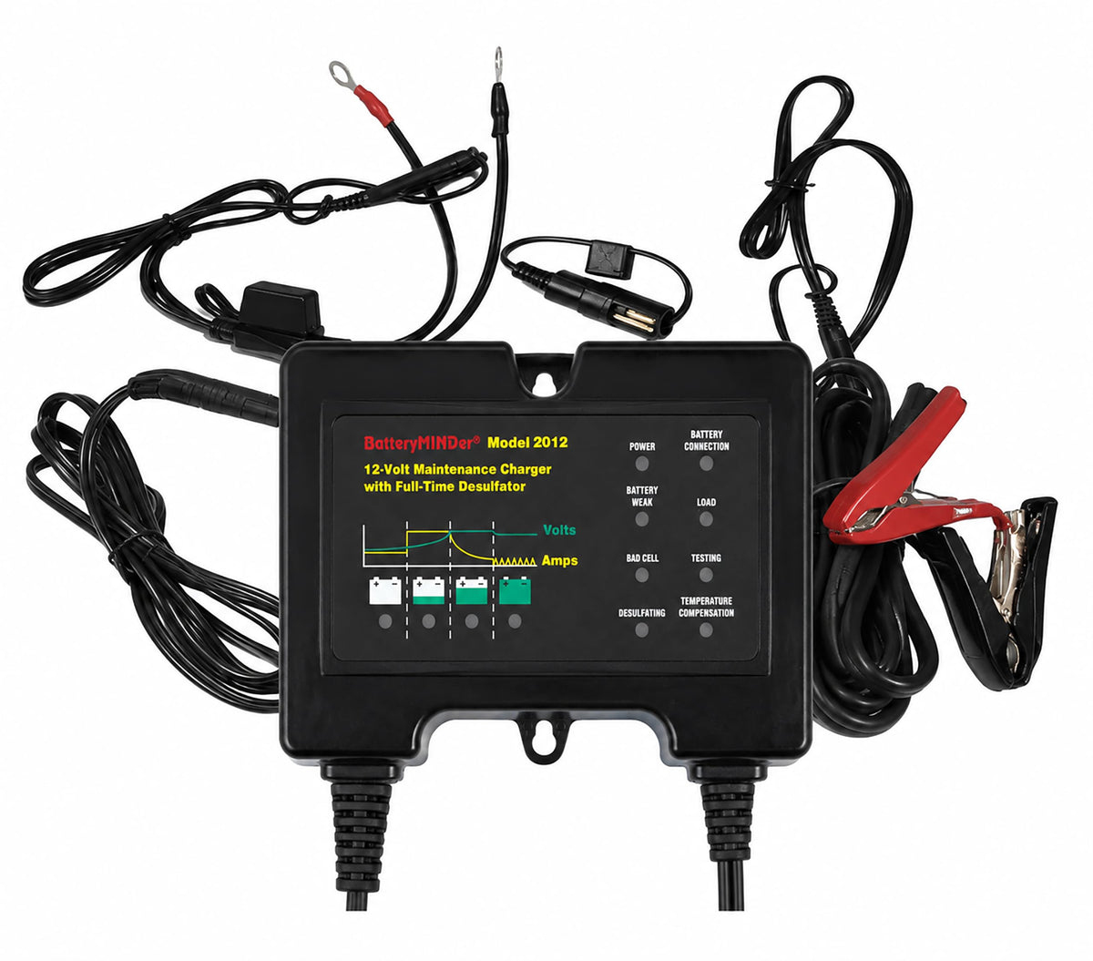 BatteryMINDer 2012 front panel showing controls and LED indicators for reliable maintenance