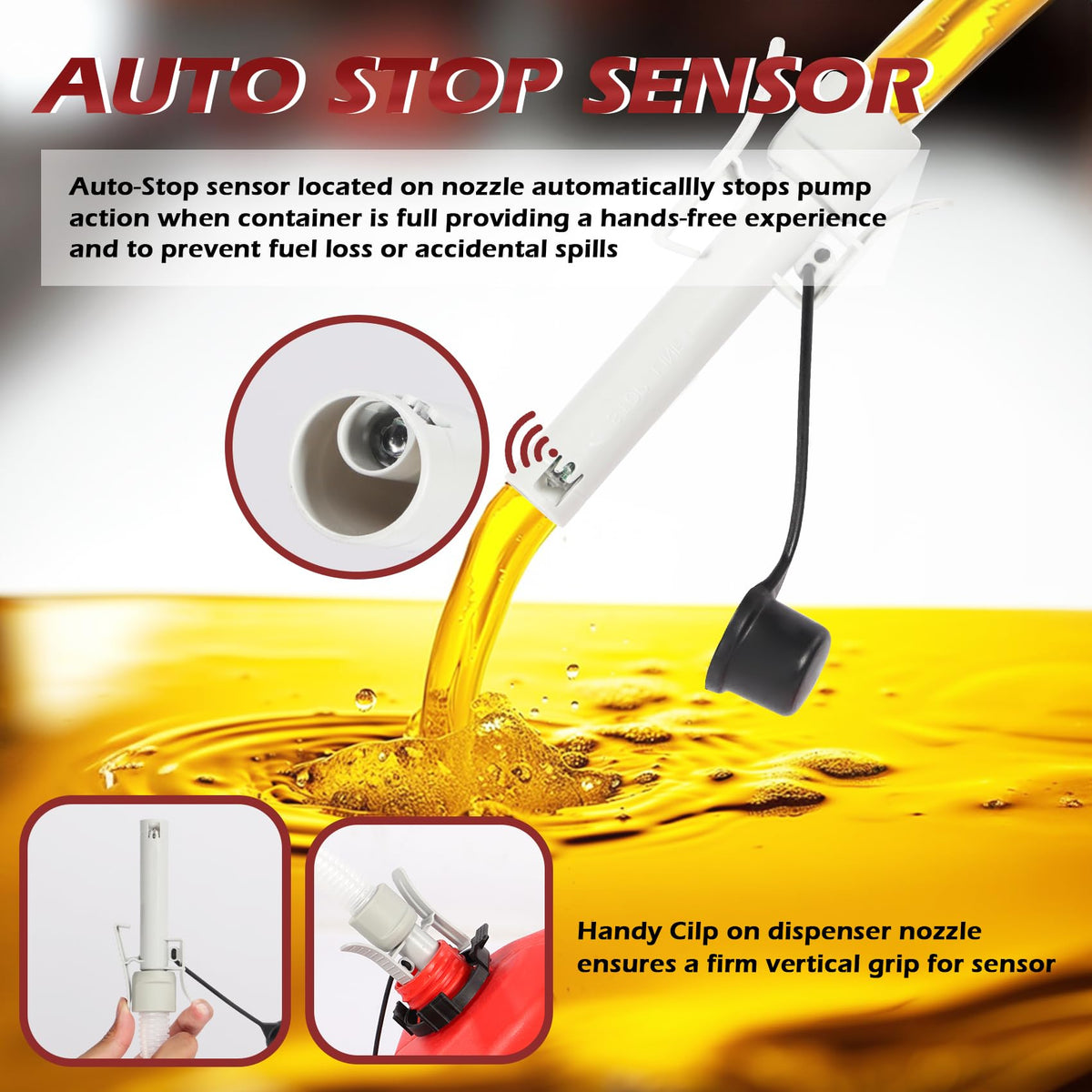 Baudelio nozzle and auto-stop sensor detail, reduces overflow risk