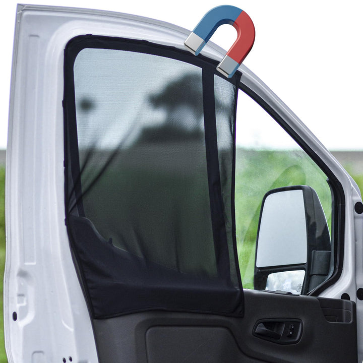 Bayan sunshade front view installed on Sprinter window showing glare reduction
