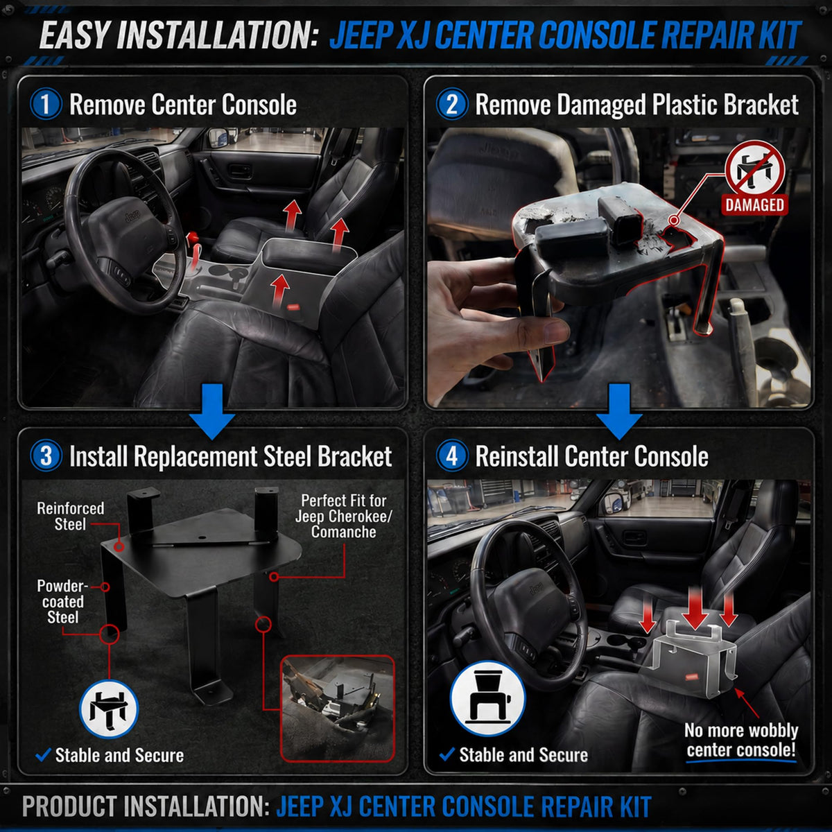 BBBOX bracket installed in Jeep Cherokee XJ restoring console stability