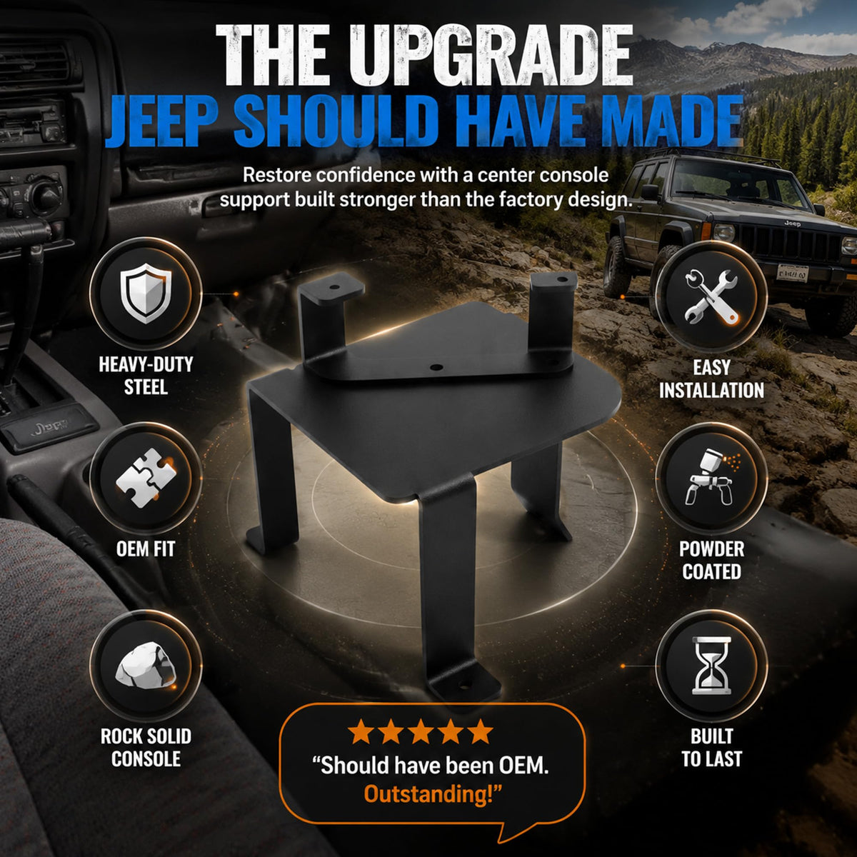 BBBOX lifestyle shot of Jeep interior showing improved console stability