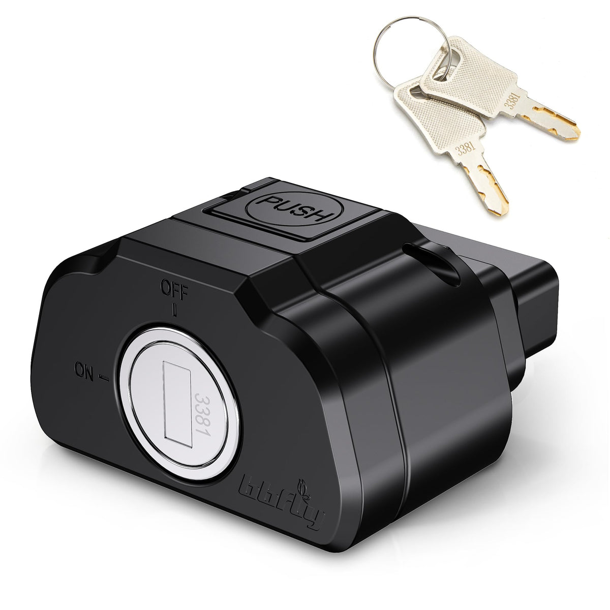bbfly front view of OBD lock showing secure fit and visual deterrent