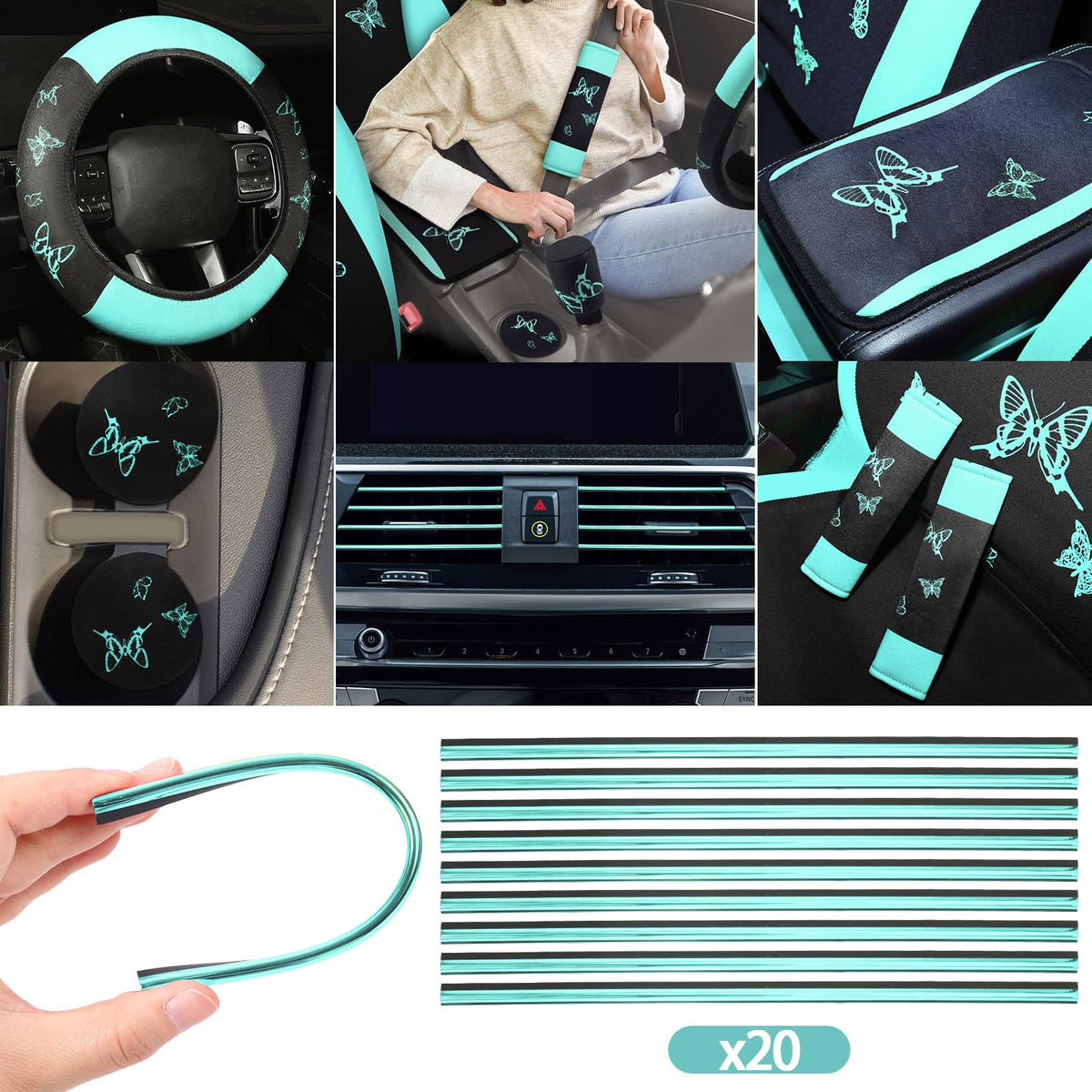 BBTO cup mats and gear shift covers displayed together for matched interior protection