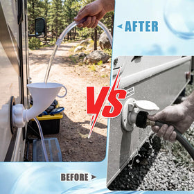 BBTO funnel installed on RV inlet illustrating stable, splash-free fill