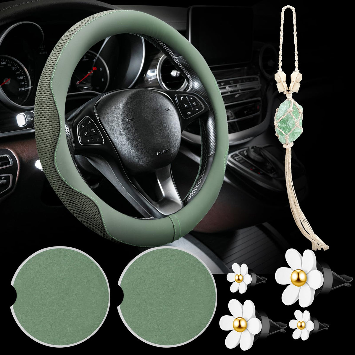 BBTO steering wheel cover front view showing sage green finish and secure fit for comfort