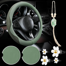 BBTO steering wheel cover front view showing sage green finish and secure fit for comfort
