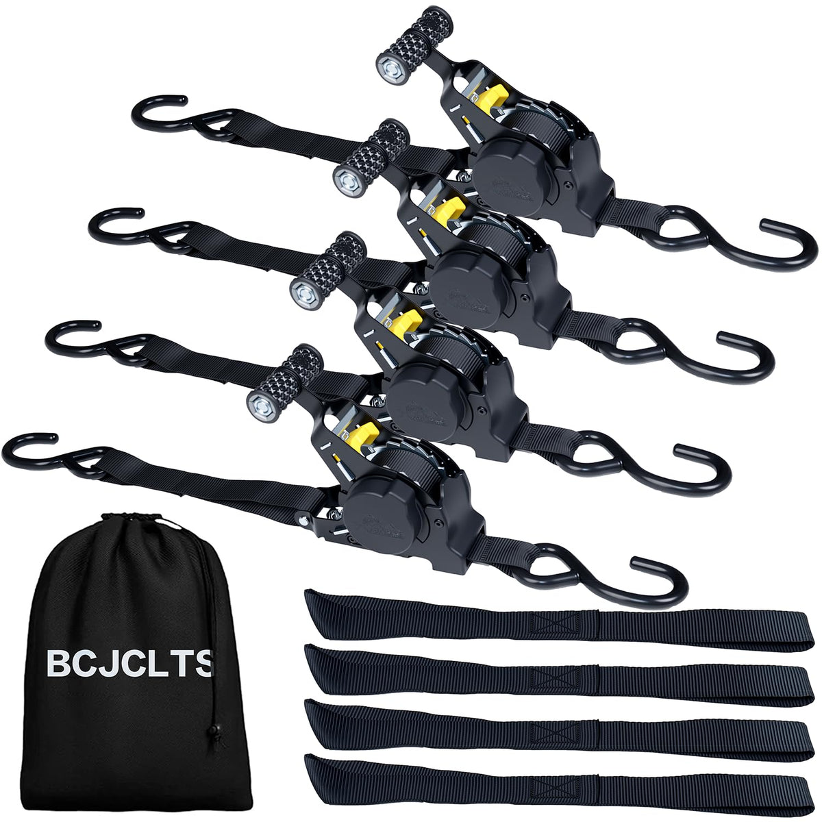 BCJCLTS front view of four-pack ratchet straps showing compact housings and labels for quick identification