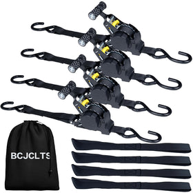 BCJCLTS front view of four-pack ratchet straps showing compact housings and labels for quick identification