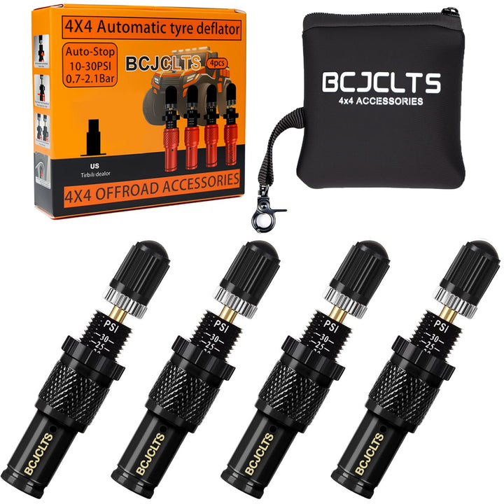 BCJCLTS front view of four deflators showing kit and durable finish, quick setup benefit